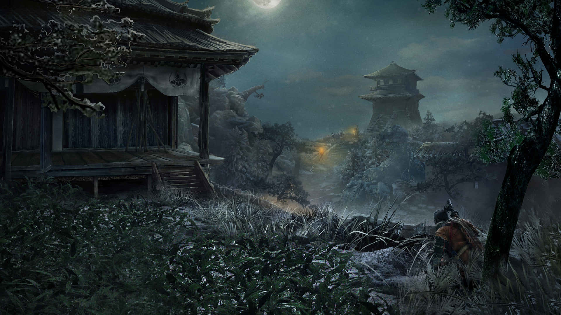 一個戰士在雪夜森林中，靠近傳統日本房屋和 pagoda，在滿月下。