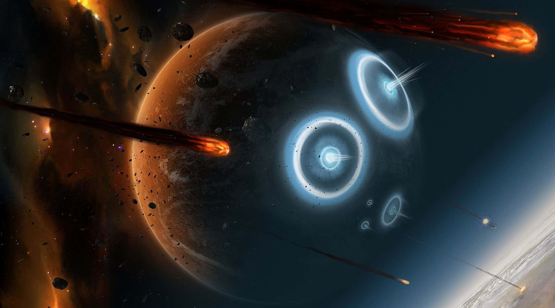 熾熱的流星飛過一顆在深空中擁有發光藍色環的行星。
