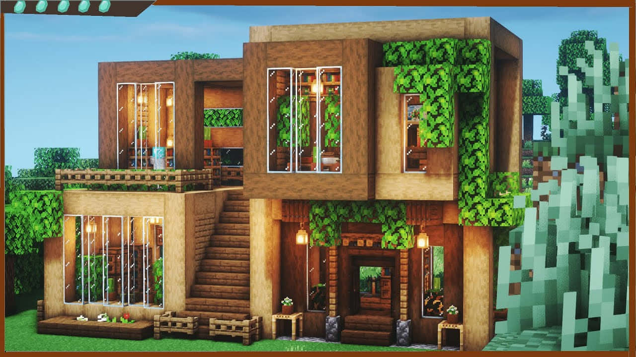 一間現代Minecraft房屋，配有木塊和玻璃窗，被像素化的綠植環繞。