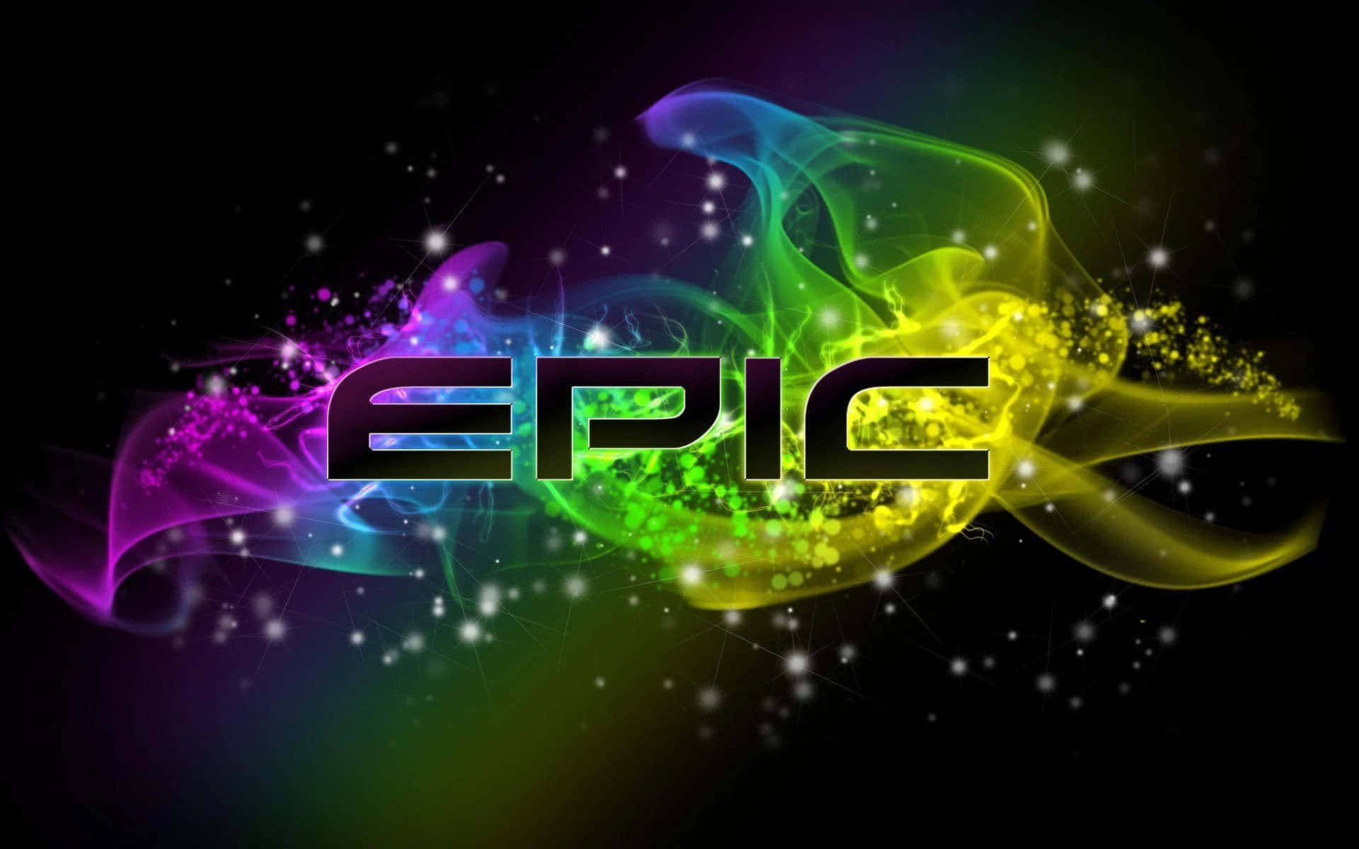 粗體黑色文字顯示 epic，周圍環繞著彩色旋轉能量和火花。