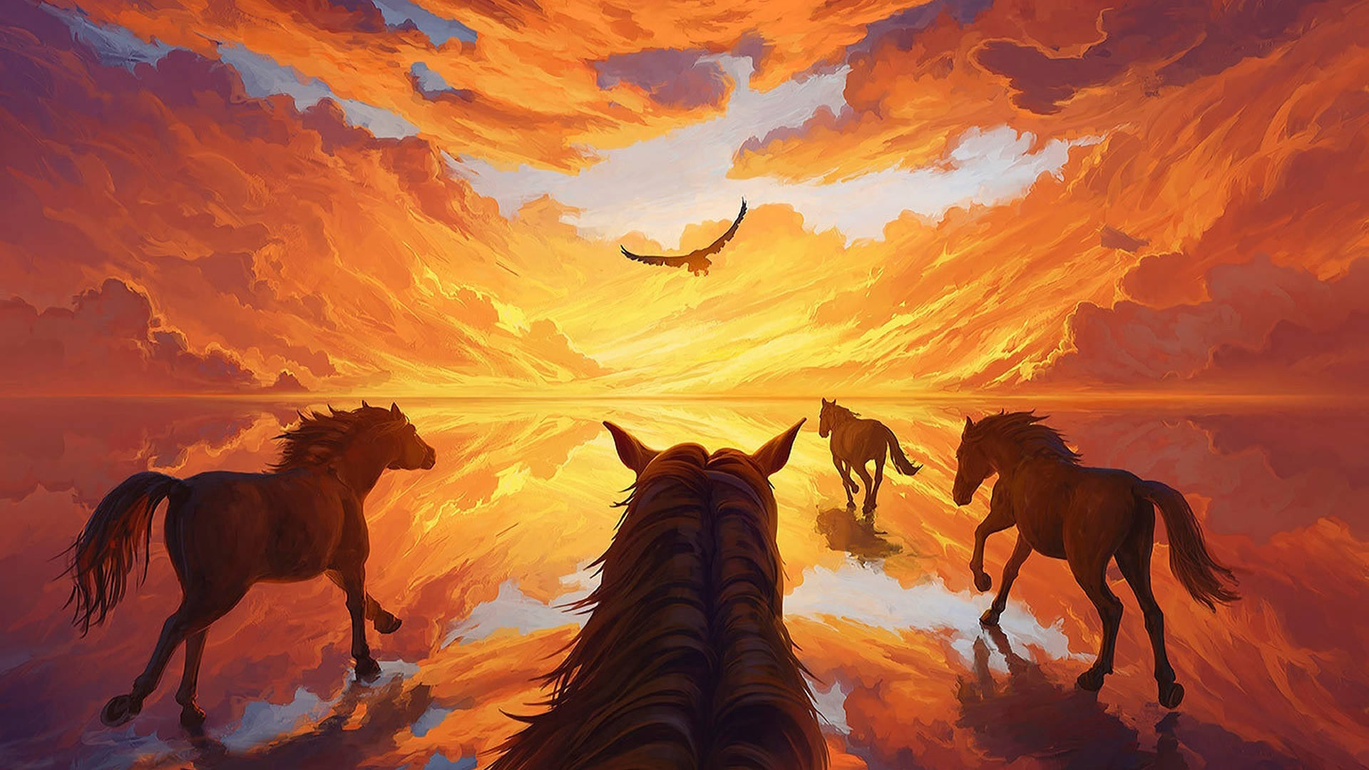 壯麗奔馬 壁紙 — 四匹馬在火紅橙色的夕陽天空下奔馳於反射表面，一隻鷹在翱翔。