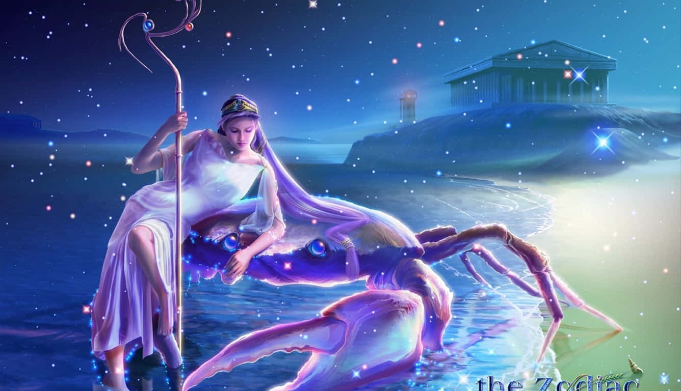 壯麗宇宙：十二宮星座與星象符號 壁紙 — 一位身穿白袍的天界女子坐在發光的紫色螃蟹上，在星空下靠近一座寺廟。