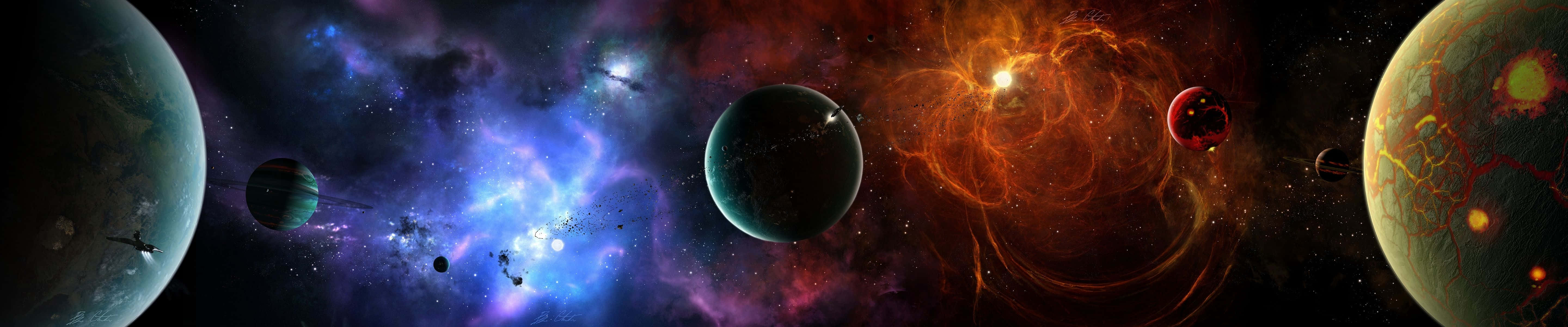 色彩繽紛的星雲和行星漂浮在深空中的生動宇宙場景。