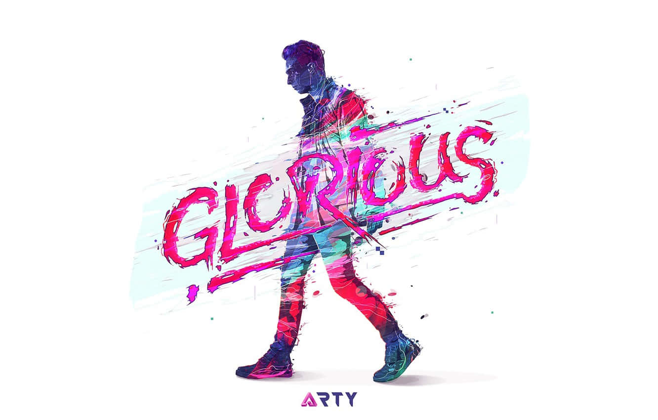 一個風格化的行走男人，身上用彩色塗鴉畫著「GLORIOUS」這個詞。