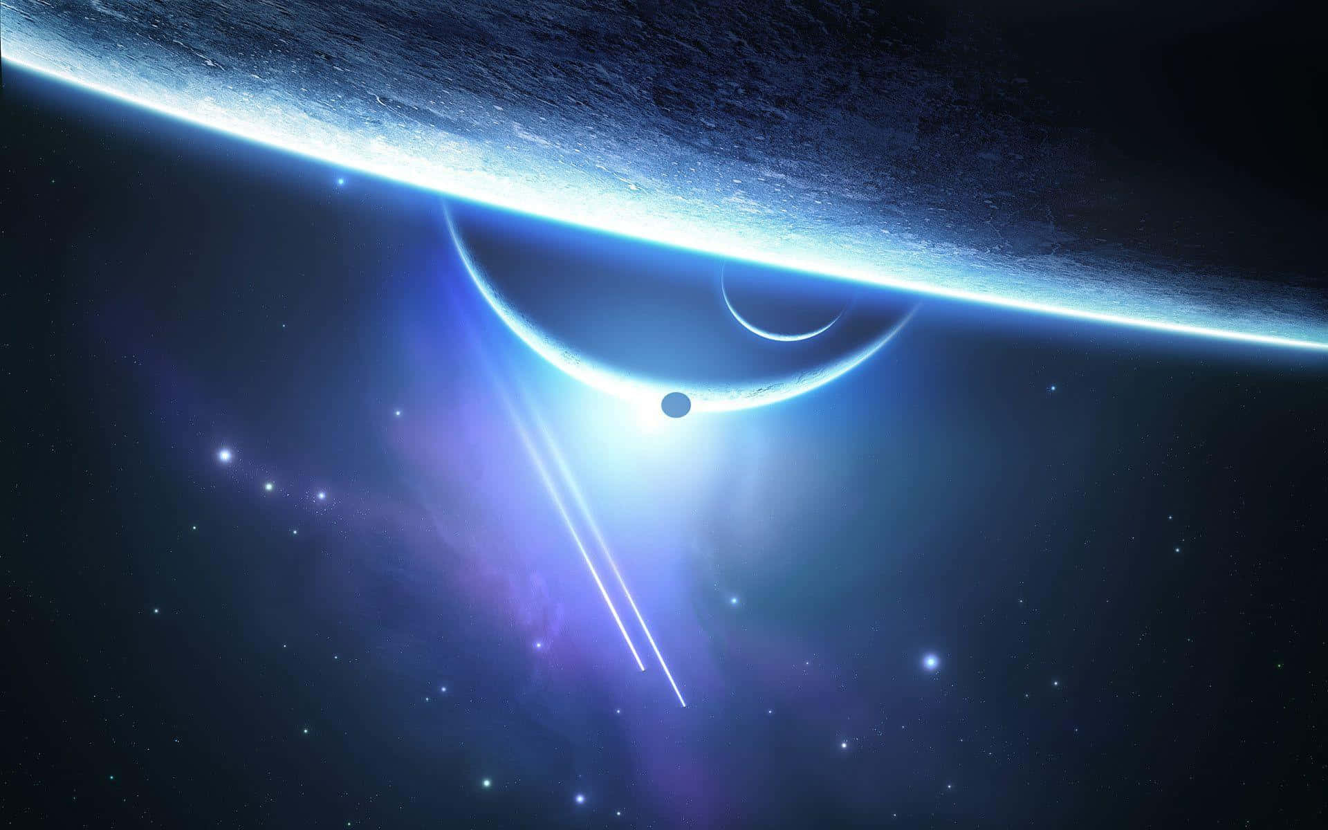 一顆藍色行星，有兩個衛星和發光的光束，在繁星點點的宇宙場景中。