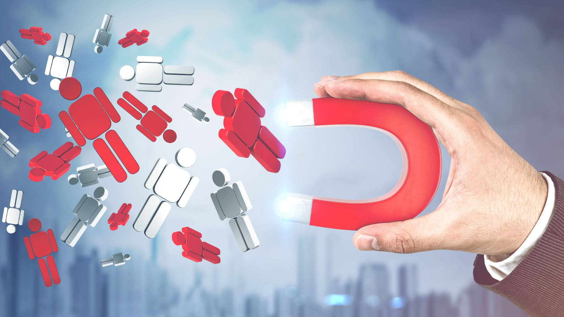 手拿磁鐵，在城市背景上將紅色和銀色的人形圖標拉向自己。