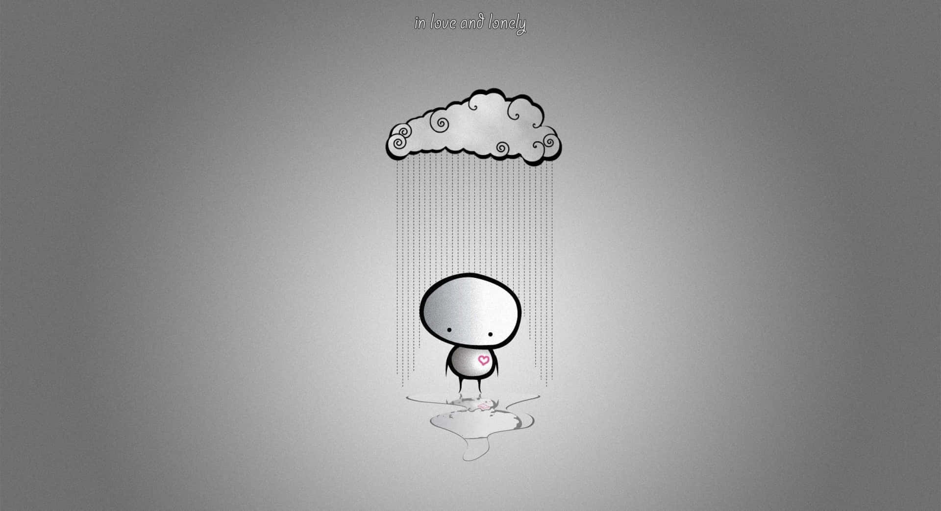 一個簡單的卡通人物帶著心形，站在一朵向水坑下雨的雲下。