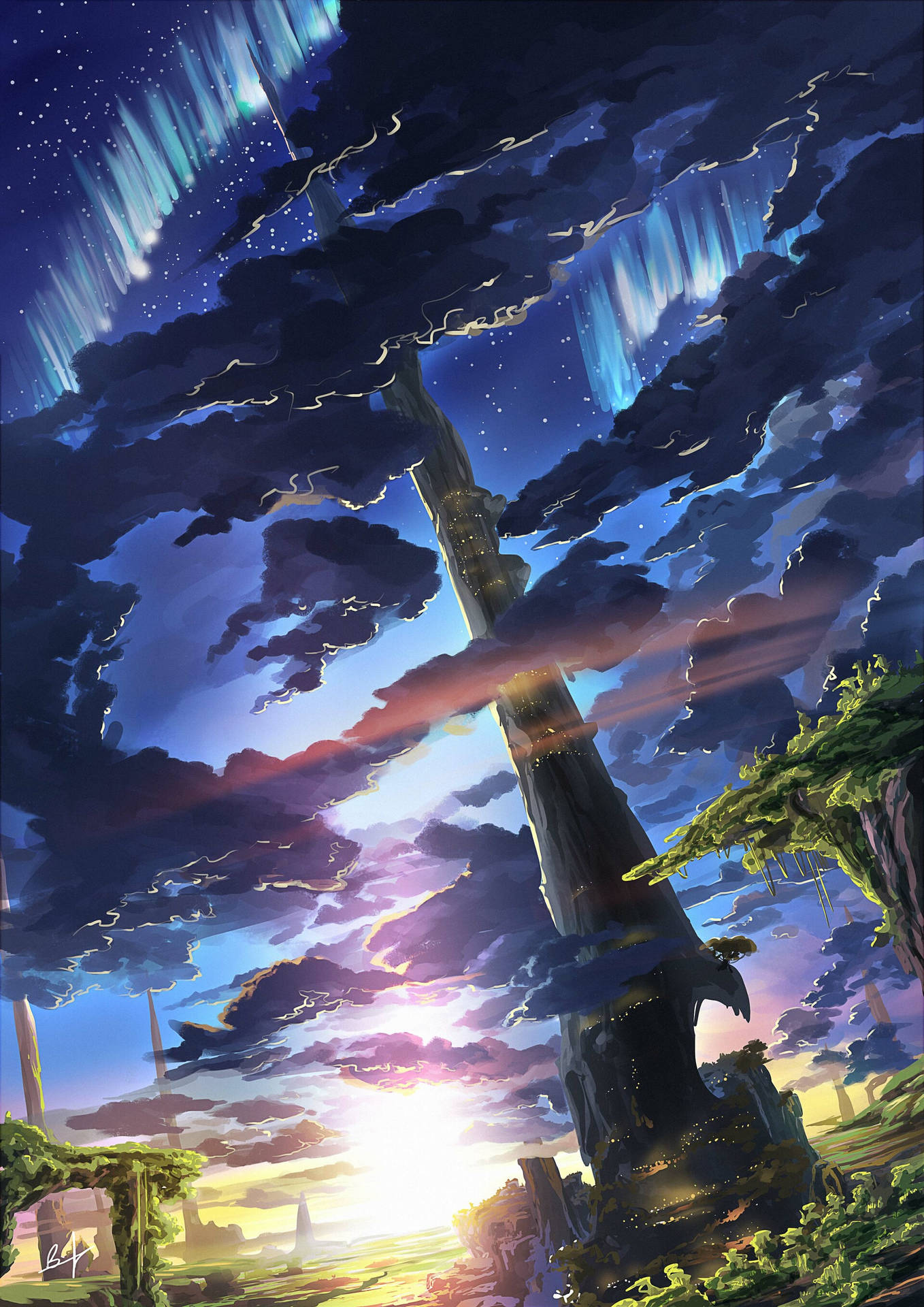 一棵巨樹在極光和閃耀夕陽的天空下。