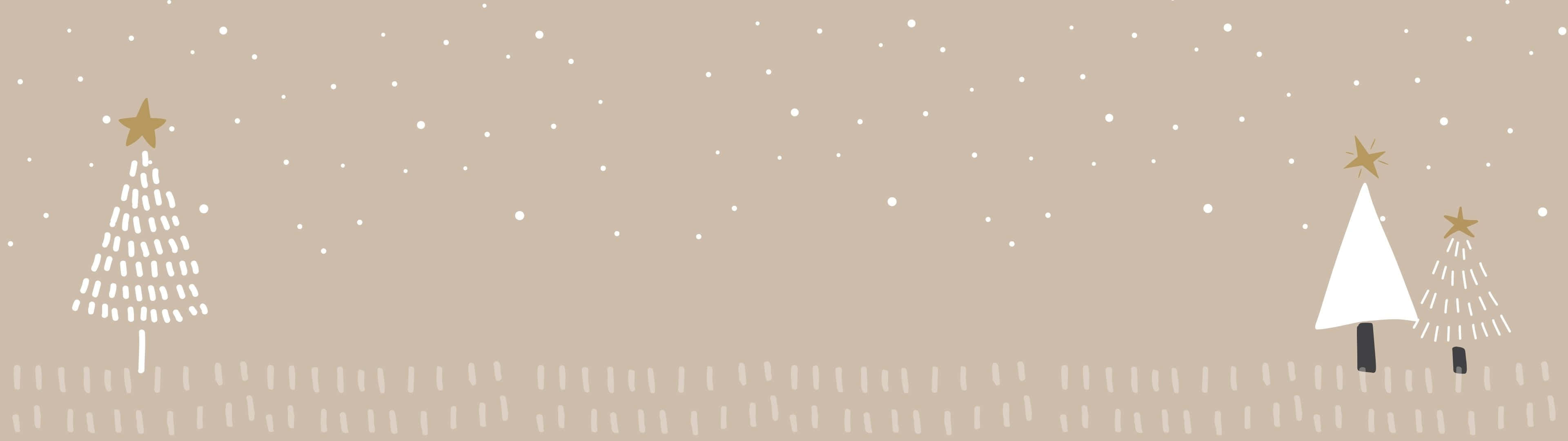 壯麗山脈盡顯其輝煌 壁紙 — 極簡冬季場景，以米色天空和飄雪為背景，風格化的白色聖誕樹頂端飾有金色星星。