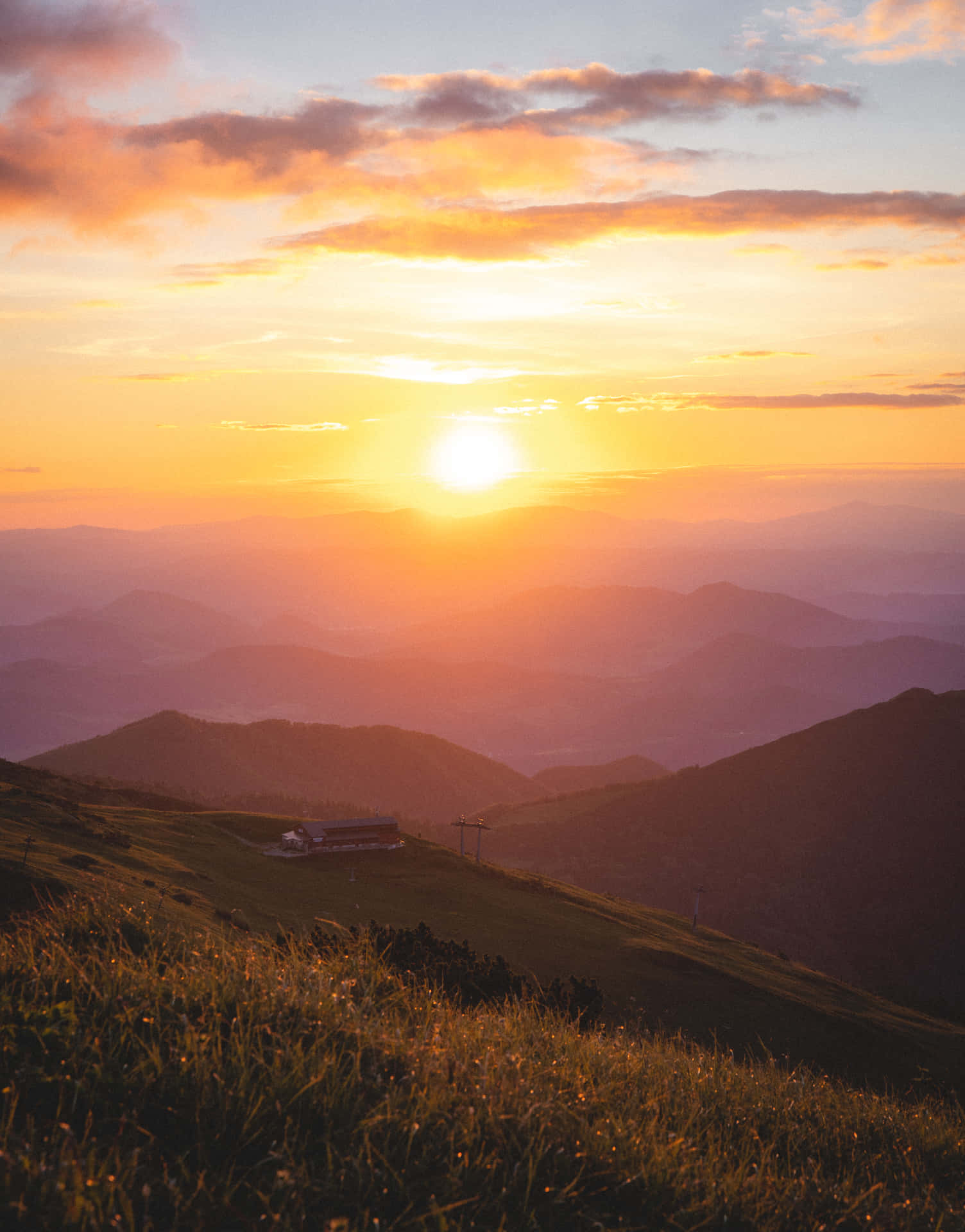 夕陽下的山脊，草坡上有一間小屋