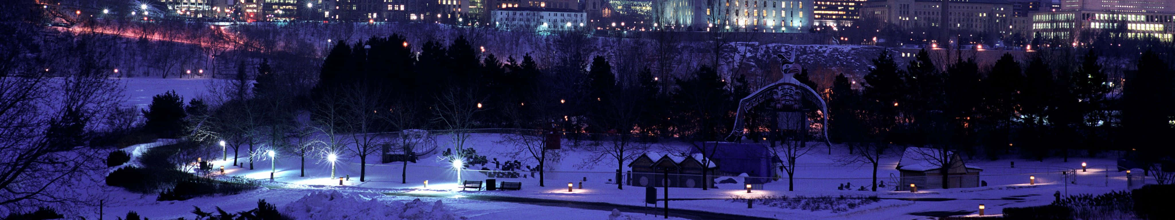 壯麗日出灑落寧靜海面 壁紙 — 夜晚被發光燈光照亮的雪地公園，背景中城市天際線閃爍。
