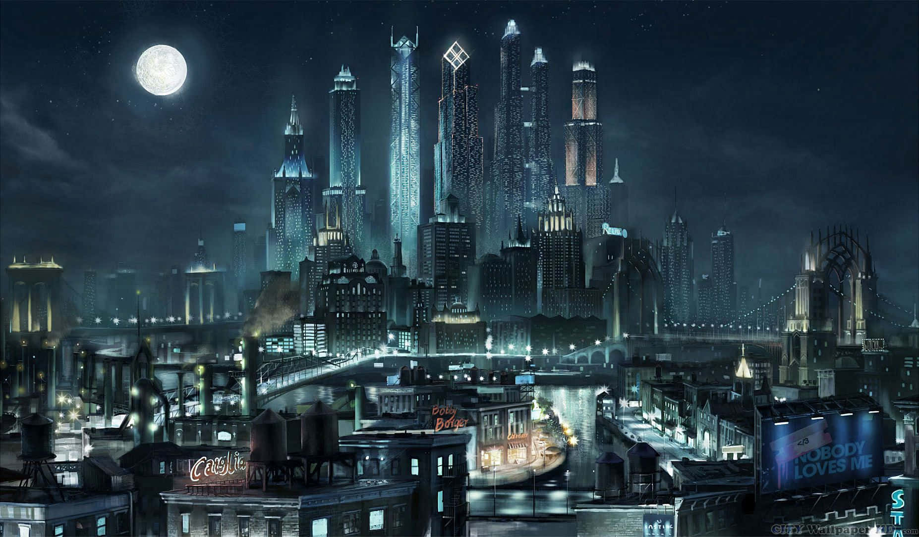 滿月下的未來城市夜景，發光的霓虹燈標誌和潮濕的街道。