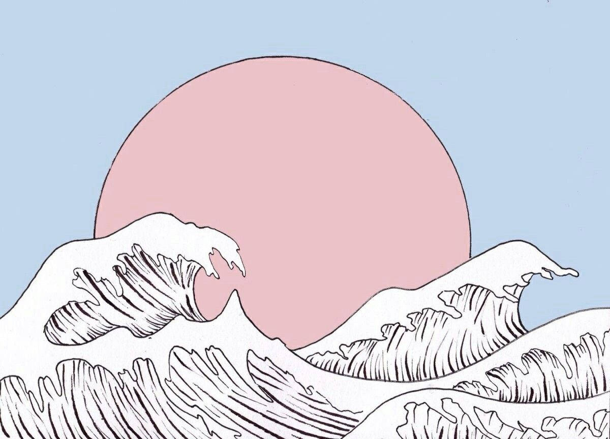 壯麗日式海浪與粉紅太陽 壁紙 — 一幅風格化的波浪插圖，以粗黑線條和白色填充，襯托柔和的粉紅色太陽和淺藍色天空。