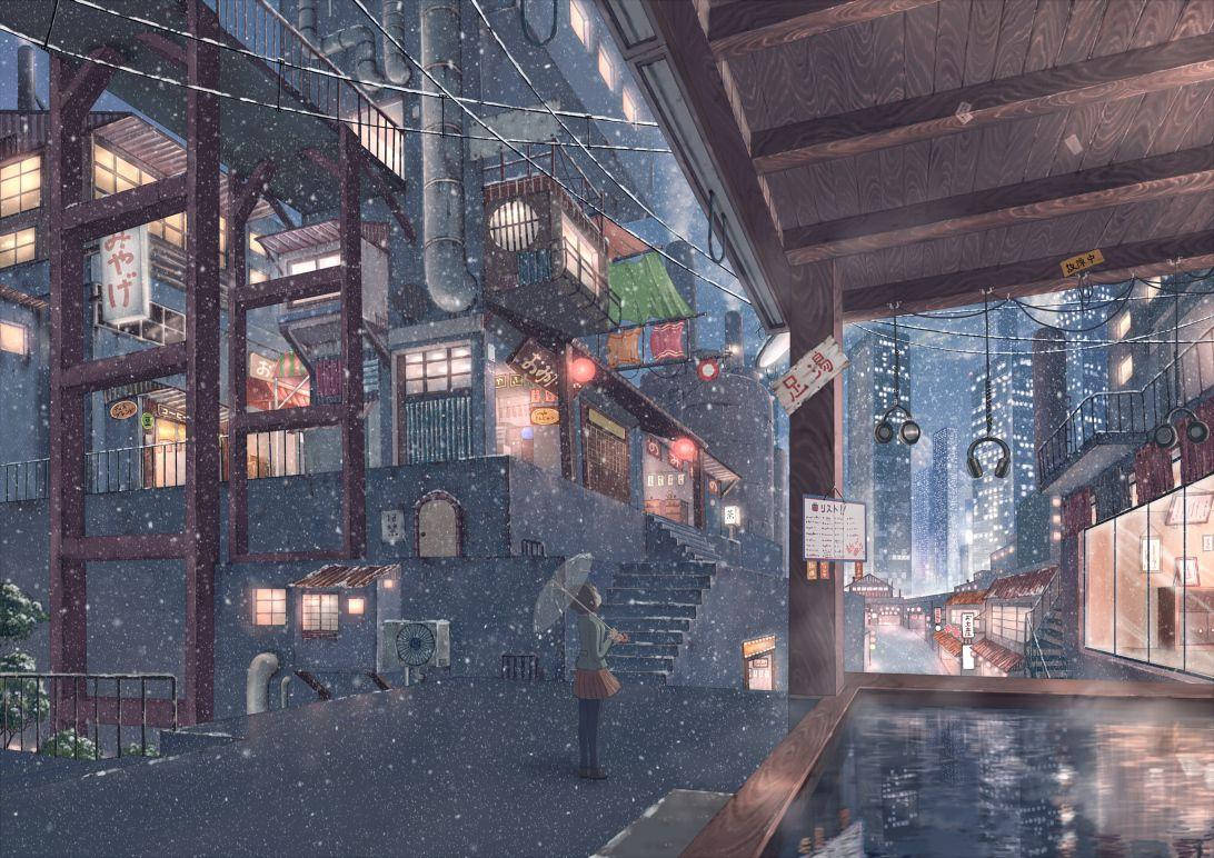 夜晚在積雪的日本街道上撐傘行走的人，有燈籠和建築。