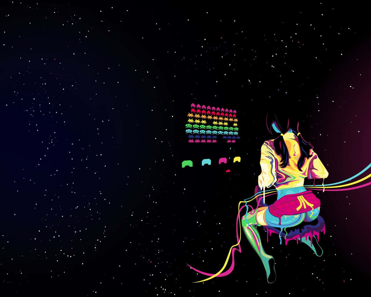一個帶有霓虹軌跡的風格化女孩，在繁星點點的太空場景中玩經典街機遊戲。