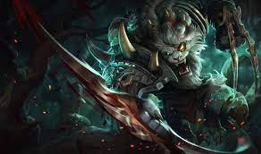 壯麗日落山谷 壁紙 — 一個眼神發光的兇猛惡魔戰士，在旋轉的深綠色和紅色能量中揮舞著彎曲的刀刃。