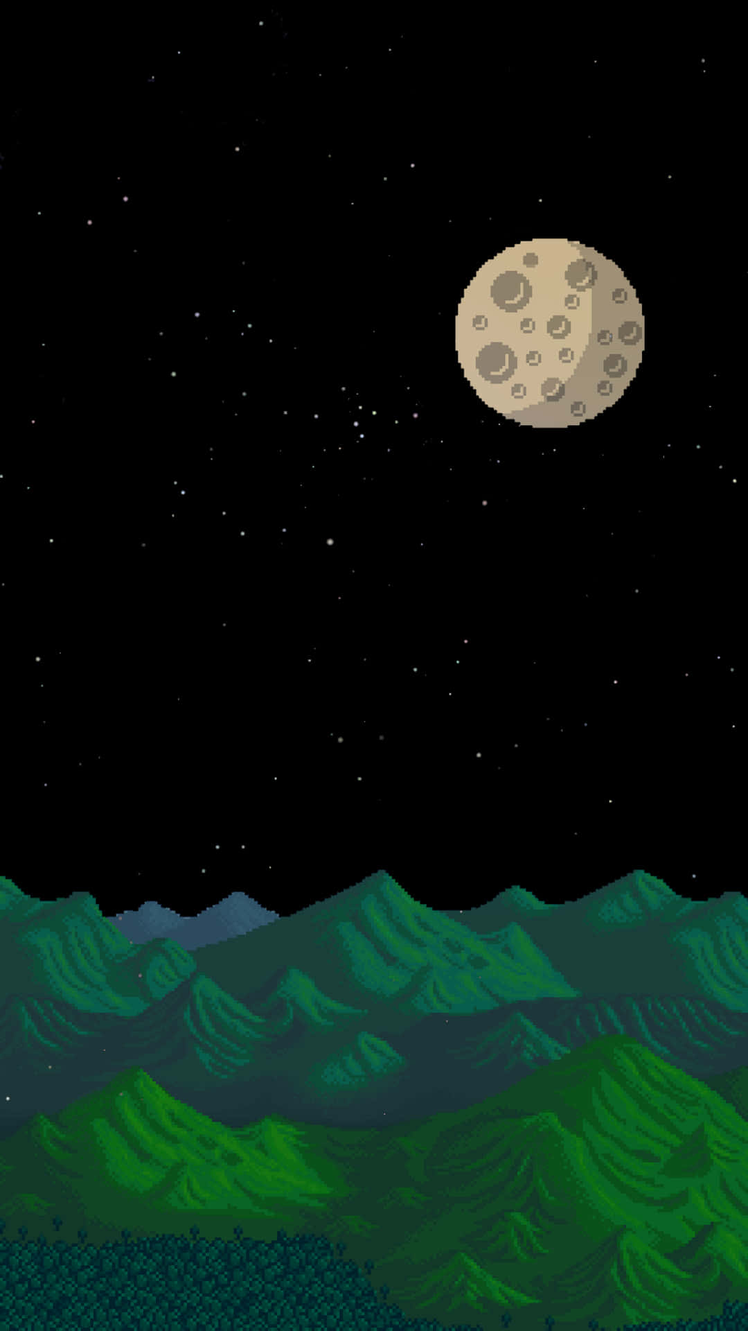 壯麗星夜 壁紙 — 像素化的綠色山脈在繁星點點的夜空下升起，上方有一輪細節豐富的月亮發光。