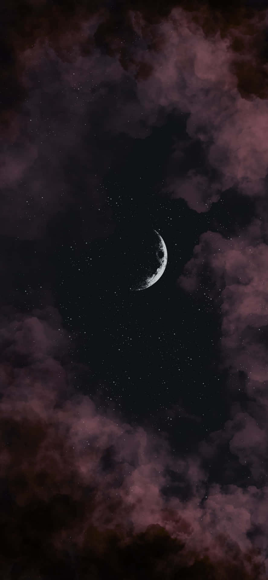 壯麗月夜星空 壁紙 — 一彎新月在繁星點點的夜空下，於深紫色漩渦雲層中柔和地發光。
