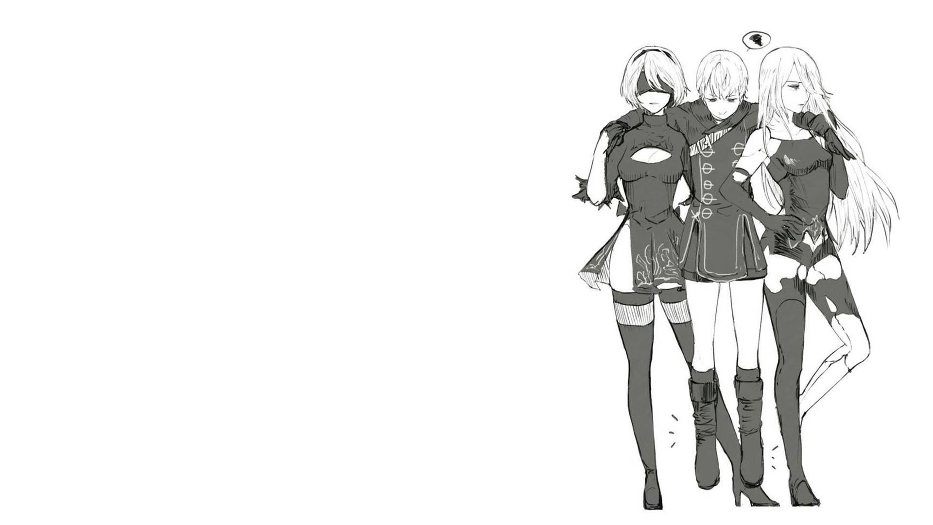 壯麗海洋日落 壁紙 — 三個動漫風格女孩穿著時尚服裝，自信地站在純白色背景前，以單色素描呈現。