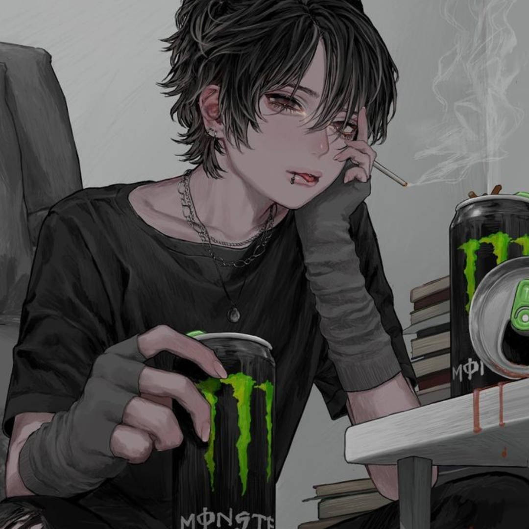壯麗海面日落 壁紙 — 一個陰鬱的動漫青少年，深色頭髮，一邊抽煙，一邊拿著一罐Monster能量飲料，旁邊有一堆書。