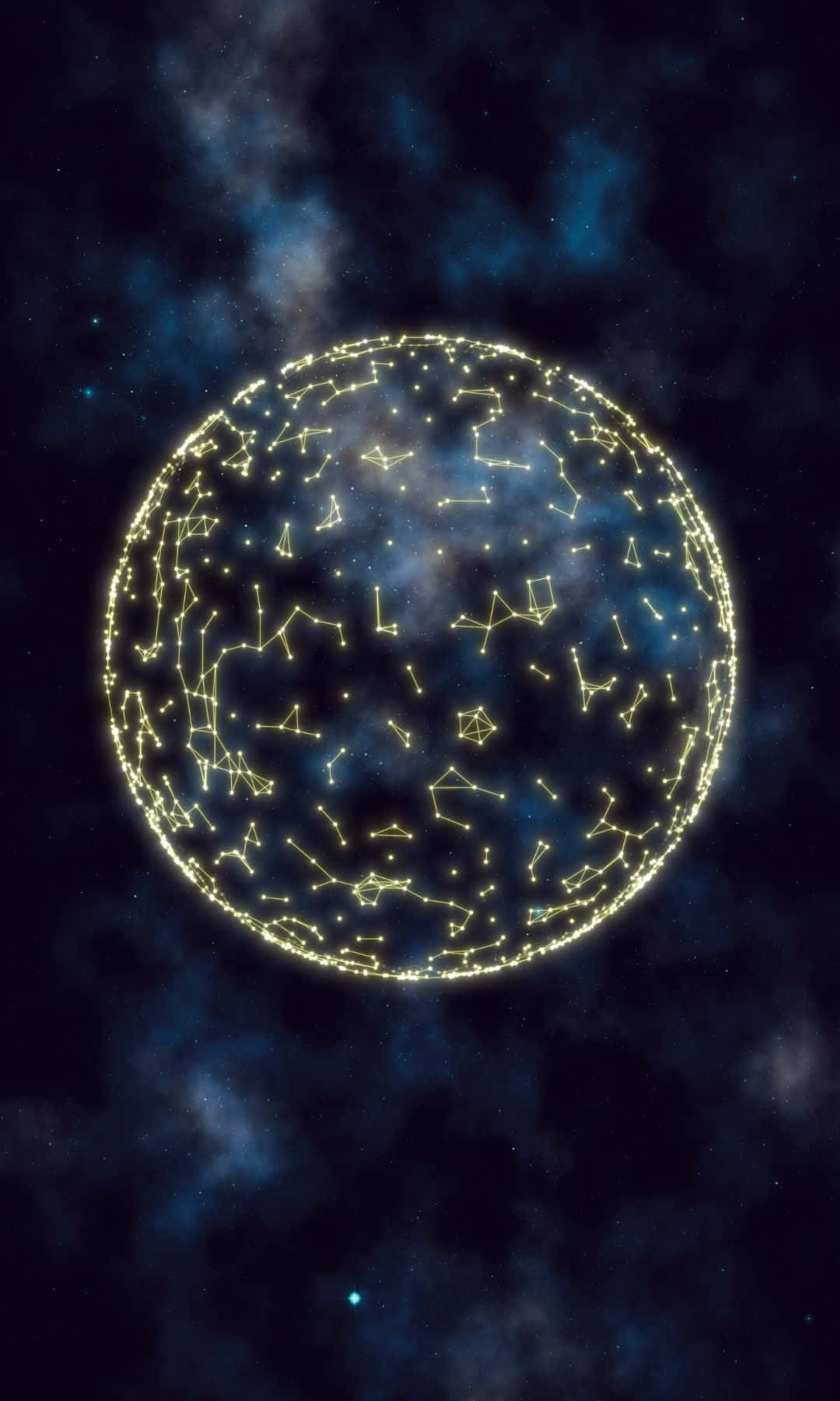 一個由金色星星組成的發光球體，漂浮在藍色宇宙星雲中。