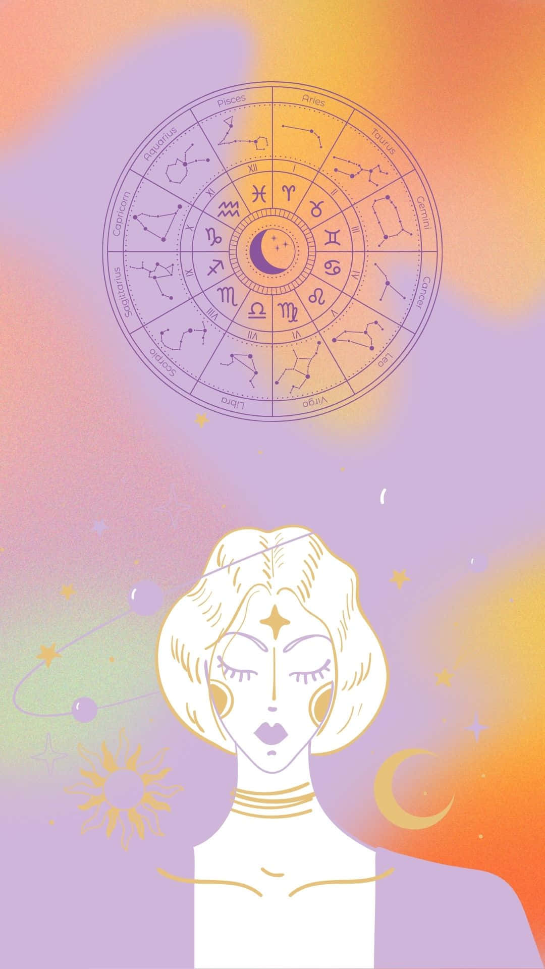 壯麗的冬季風景 壁紙 — 一位平靜的女子閉上眼睛，金色頭髮在柔和漸變的天空下，漂浮在發光的黃道輪下方。