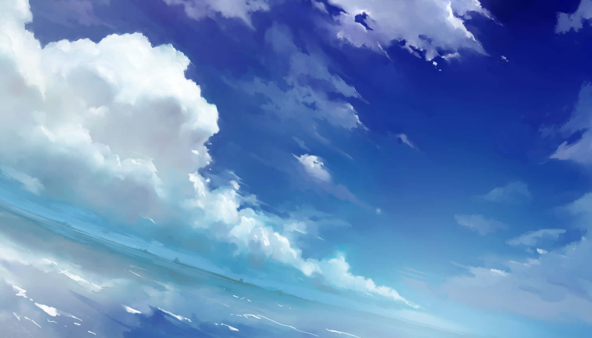 藍天白雲倒映在平靜的海面上。