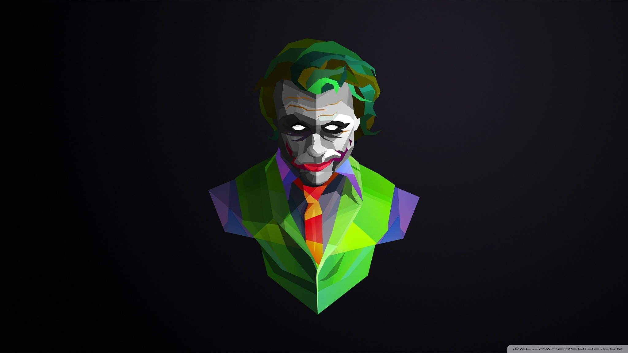 壯麗的海洋日落 壁紙 — 一個風格化的低多邊形半身像，描繪小丑，擁有鮮豔的綠色頭髮和西裝，背景為深色。