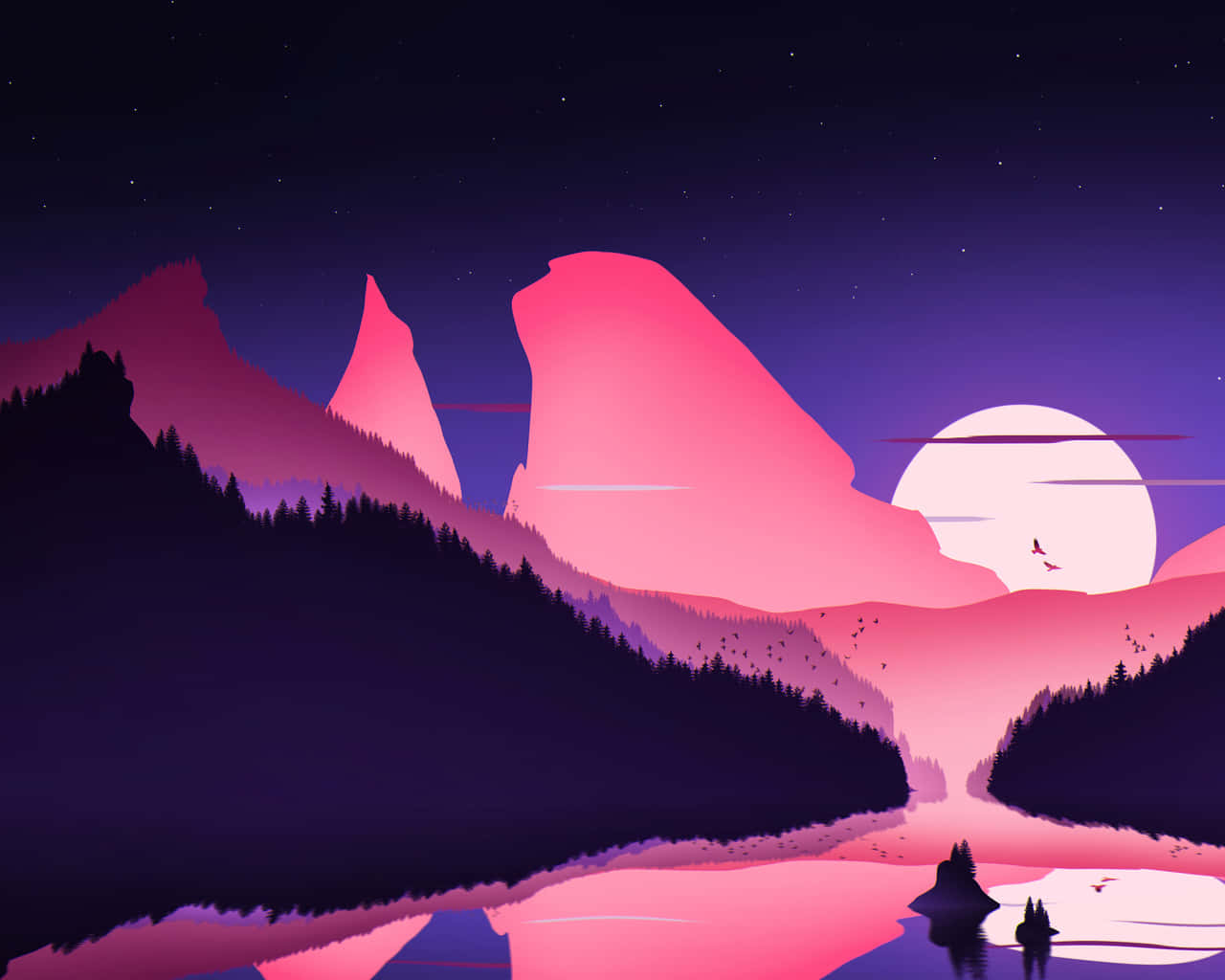 滿月和星空下，粉紅色的山脈和森林倒映在湖中。