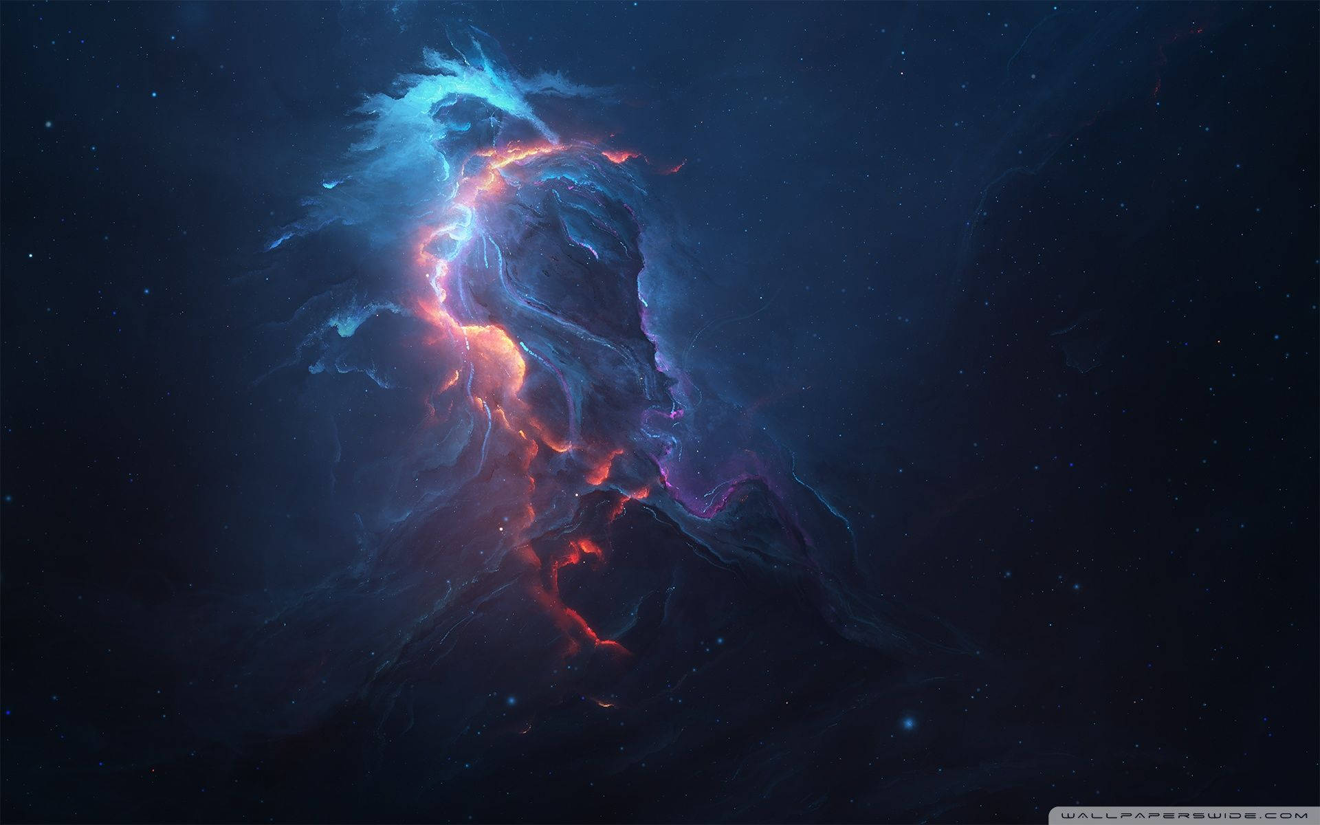 深空中帶有藍色和橙色雲彩的鮮豔宇宙星雲。