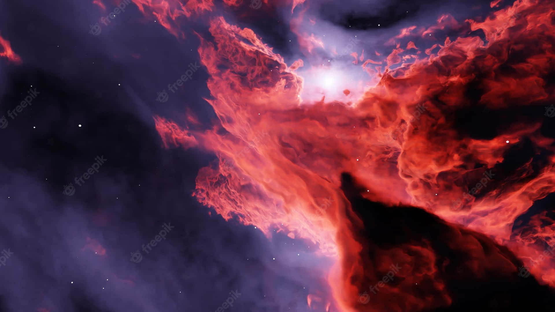火紅的星雲在深空中發光，散佈著星星