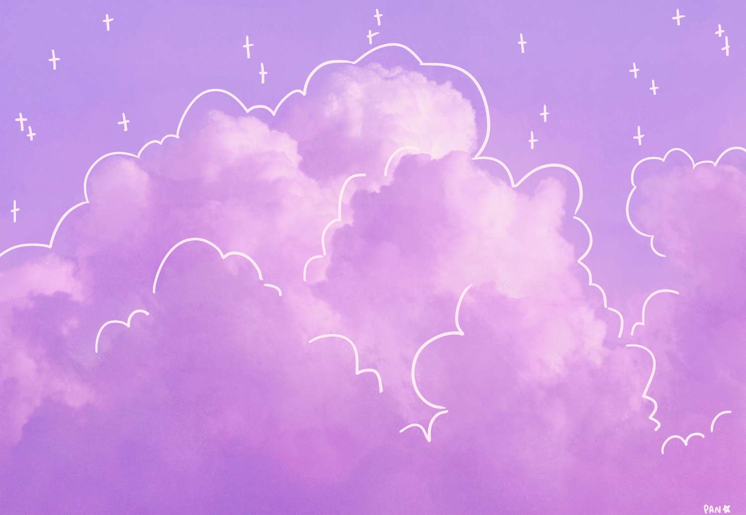 粉紫色天空，帶有白色輪廓的柔和雲朵和散落的白色十字架。