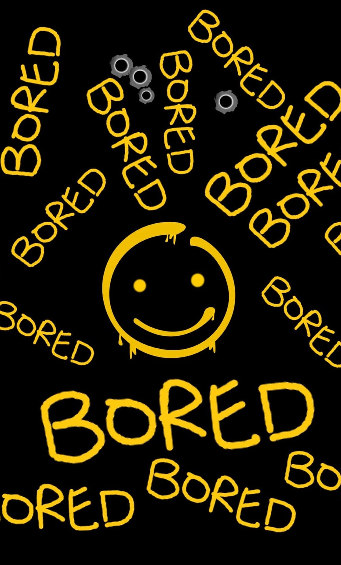 一個滴落的黃色笑臉被塗鴉風格的單詞 bored 包圍。