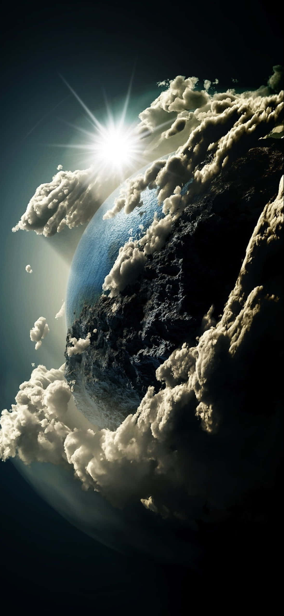 壯麗細膩的山丘風景，湛藍天空與飄逸白雲交織 壁紙 — 一顆發光的太陽穿過戲劇性的雲層，照亮了深空中的一顆藍灰色行星。