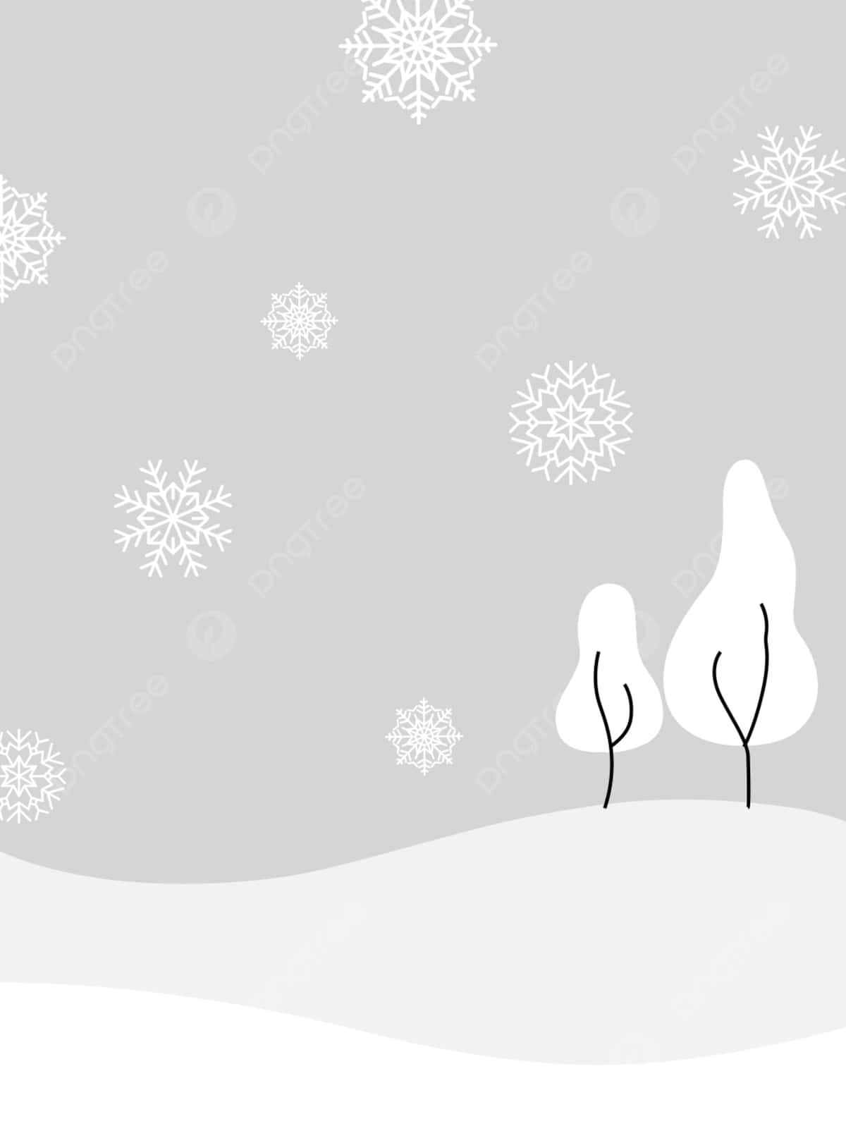 灰色背景上，兩棵風格化的雪中樹木和飄落的雪花。