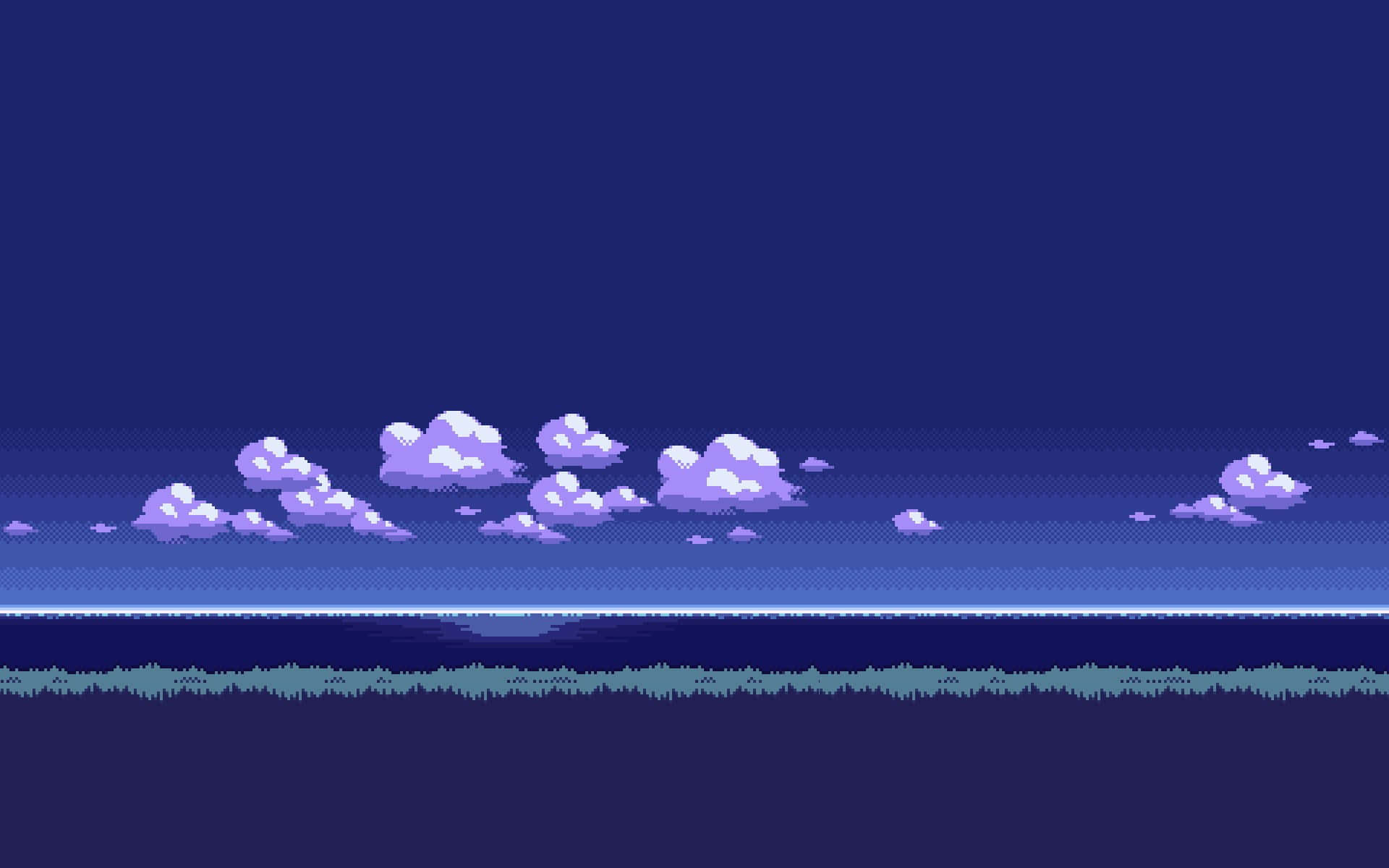 像素化的夜空，紫色雲朵在平靜的海洋地平線上方。