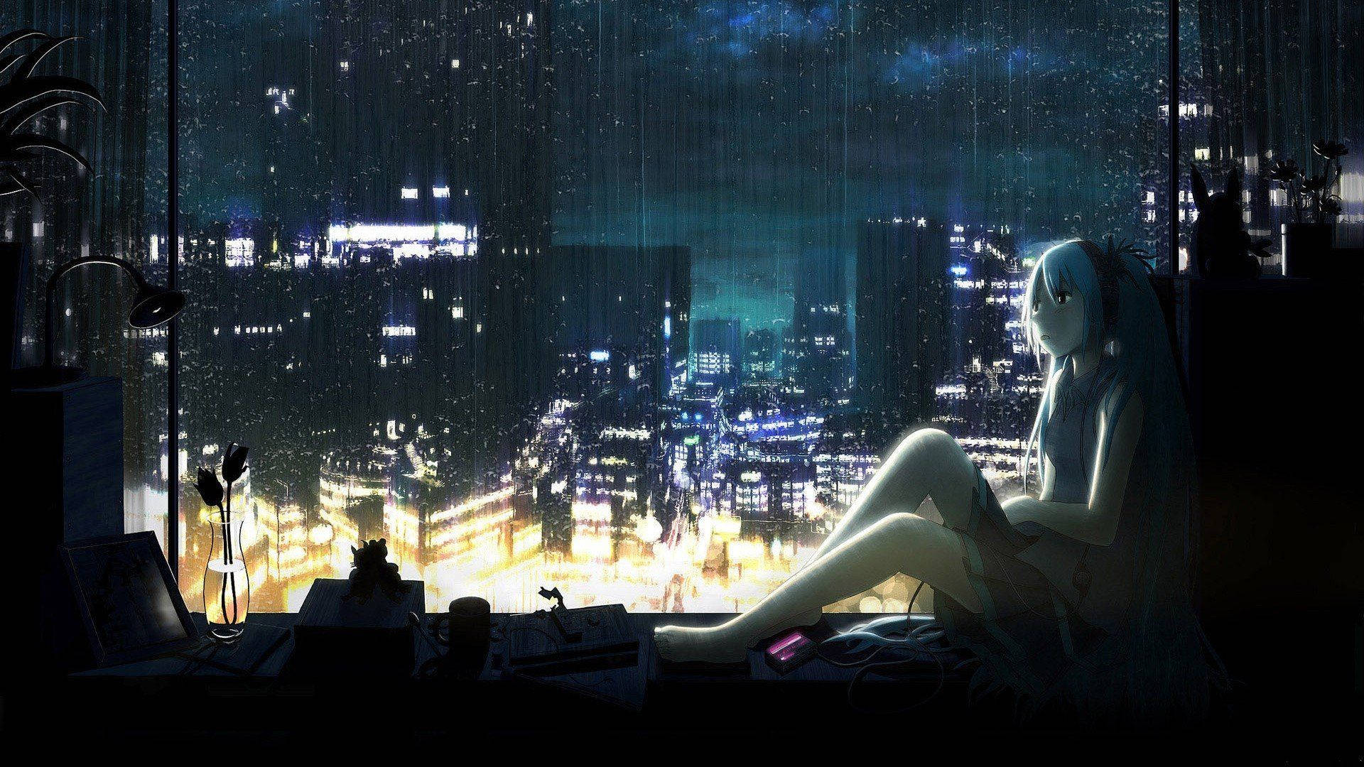動漫女孩坐在窗邊觀看雨夜城市