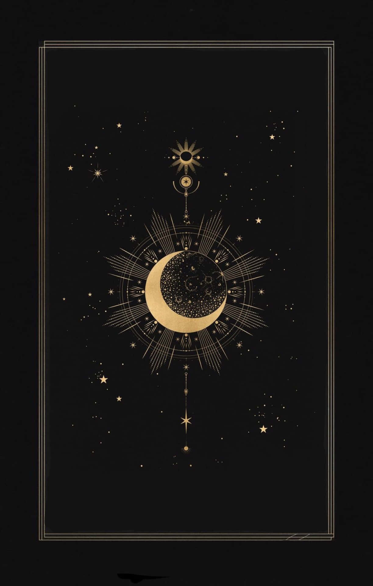 月亮和太陽的天體符號，金色，黑色背景上有星星