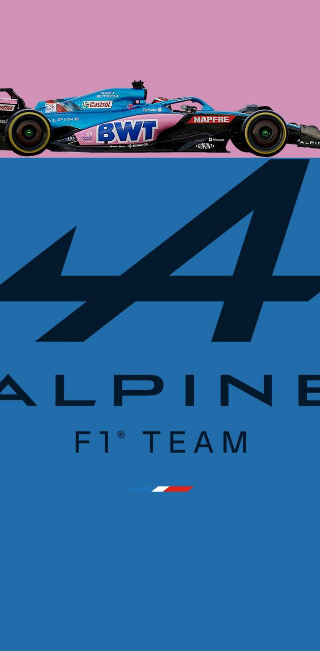 Alpine F1車隊賽車，帶有品牌和標誌，背景為藍色。