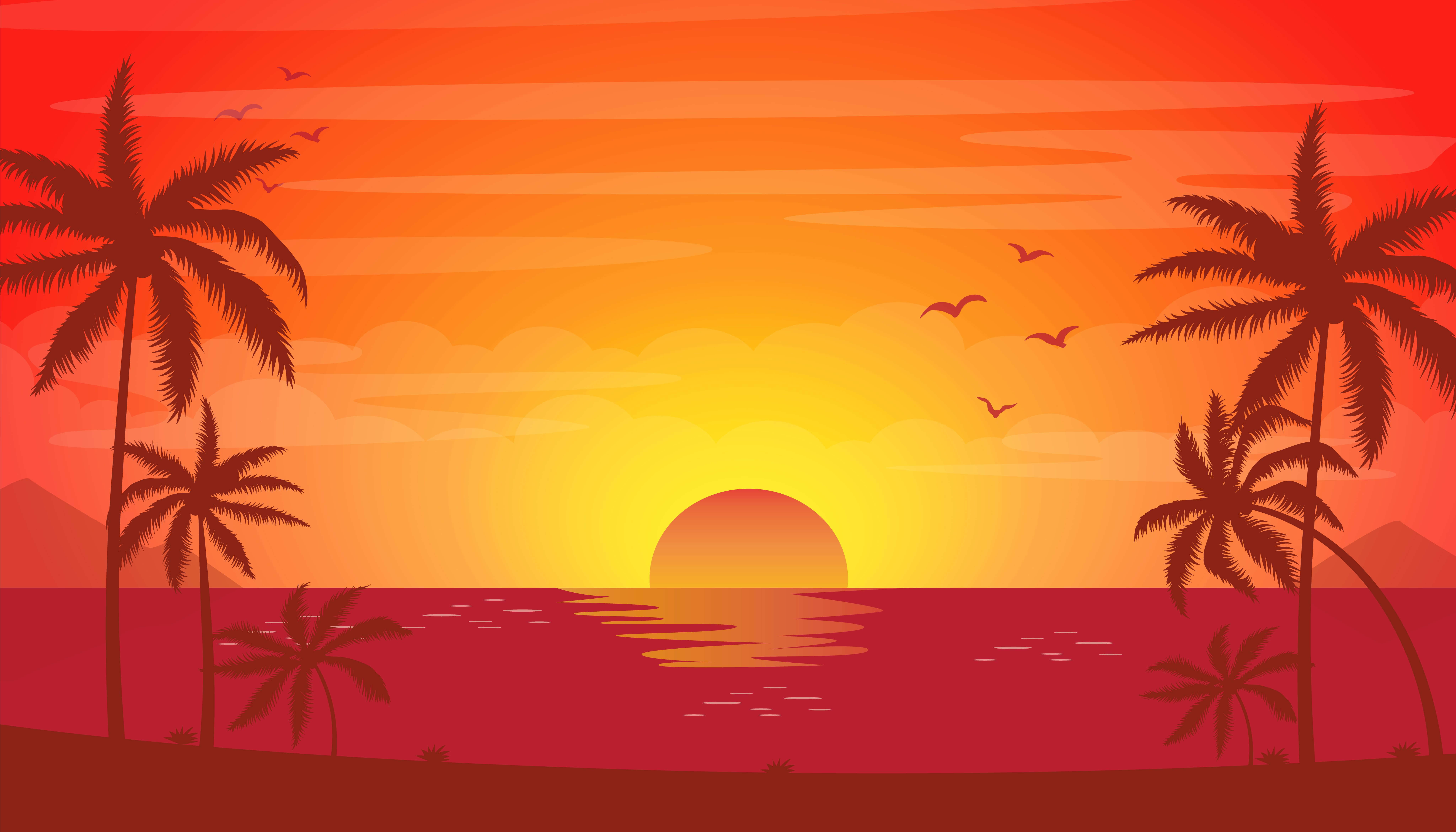 壯麗陽光插畫 壁紙 — 熱帶海洋上充滿活力的日落，棕櫚樹在火紅的橙色和紅色天空下形成剪影。