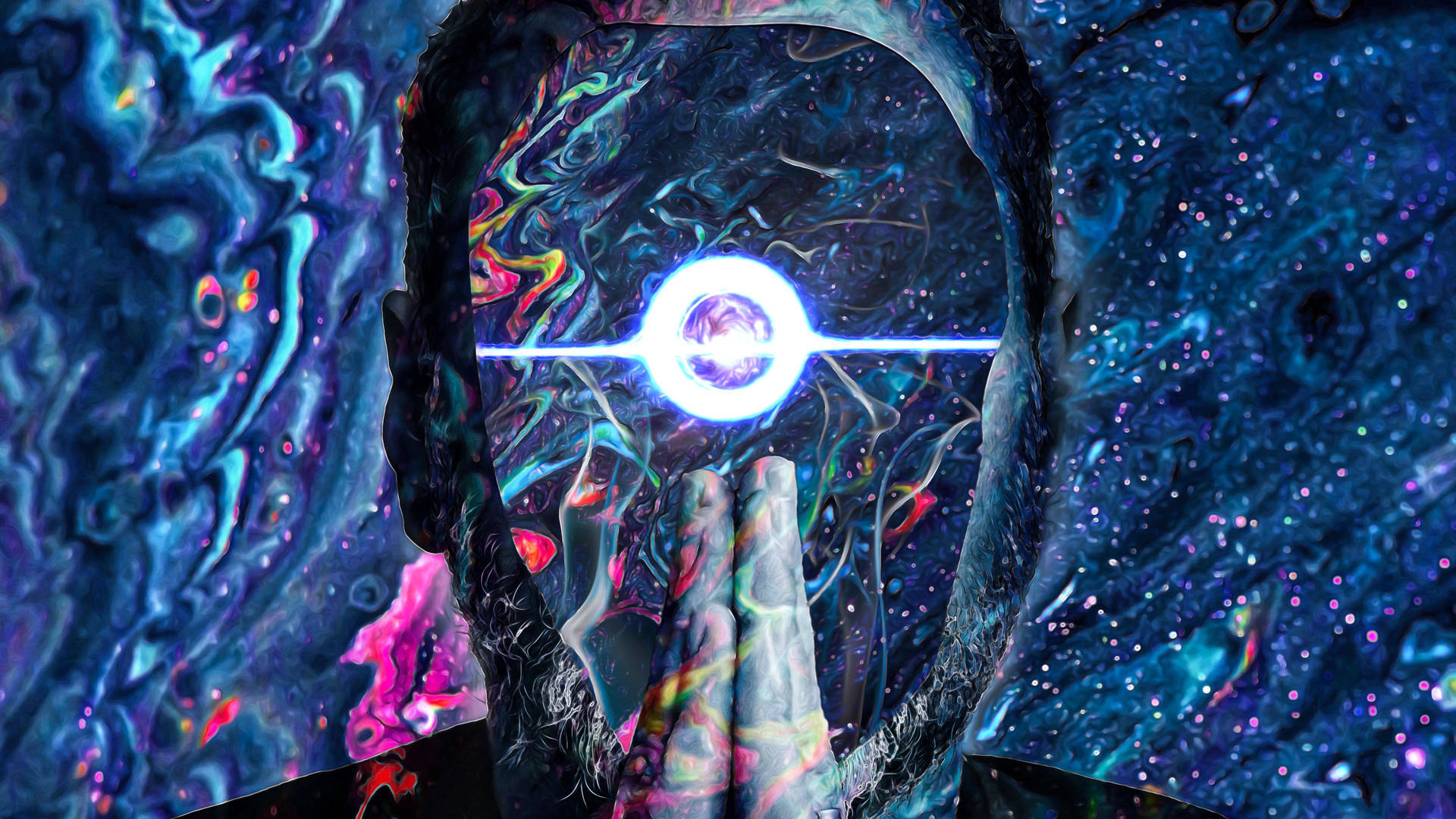 一個發光的宇宙頭部，帶有漩渦星雲圖案和輻射能量光束。