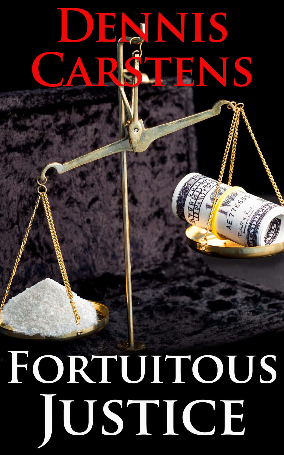 書本封面顯示一個傾斜的天秤，上面有金錢和毒品。