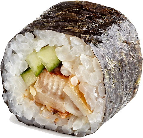 壽司卷特寫 壁紙 — 壽司卷切半的特寫，顯示米飯、青瓜和烤魚包裹在紫菜中。