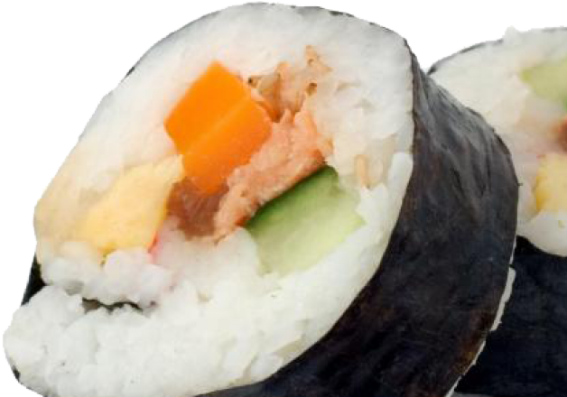 壽司捲特寫 壁紙 — 壽司卷的特寫，顯示米飯、海苔和色彩繽紛的餡料，如橙色胡蘿蔔、青瓜和黃色醃蘿蔔。