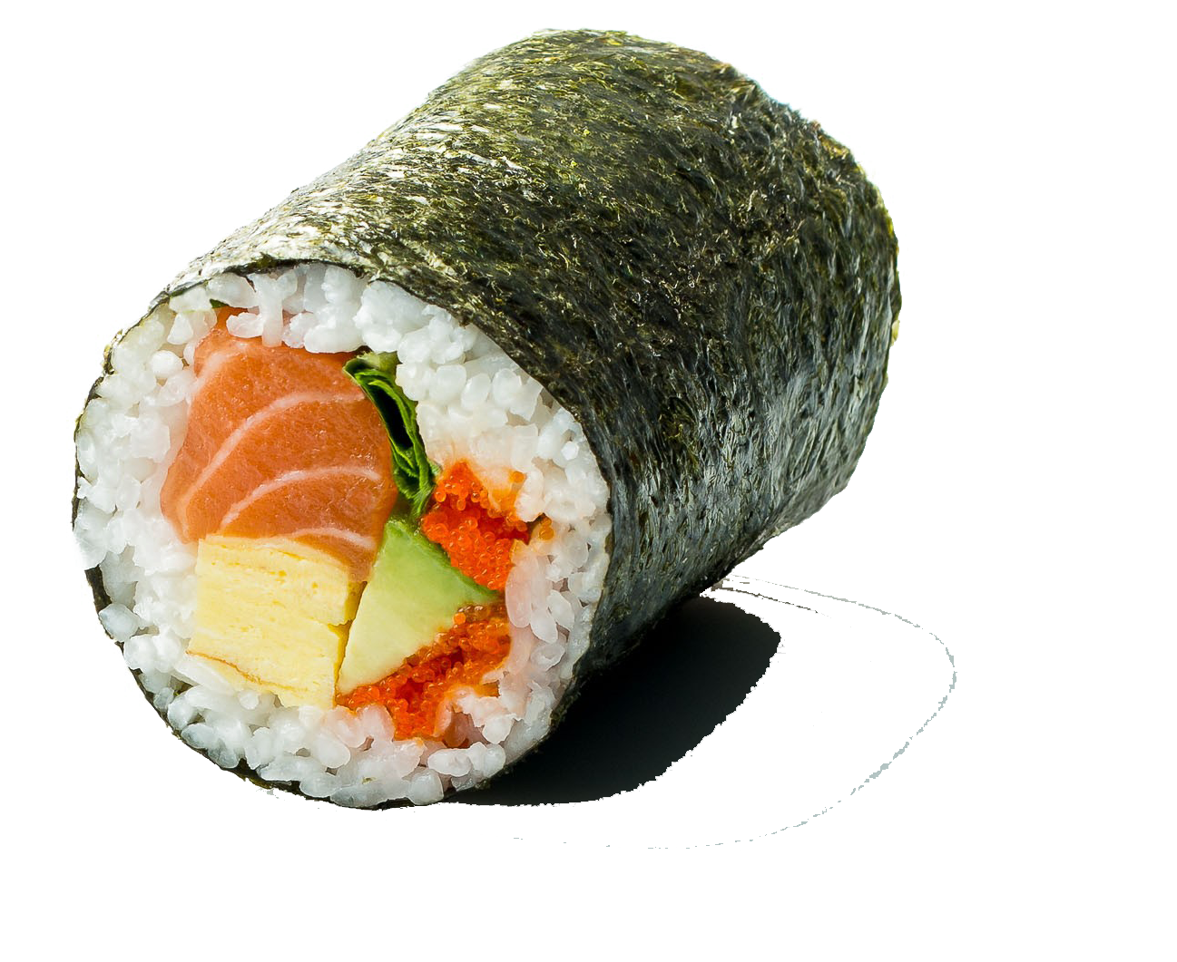 壽司捲特寫 壁紙 — 三文魚牛油果飛魚籽壽司卷的特寫，以紫菜包裹米飯，黑色背景。