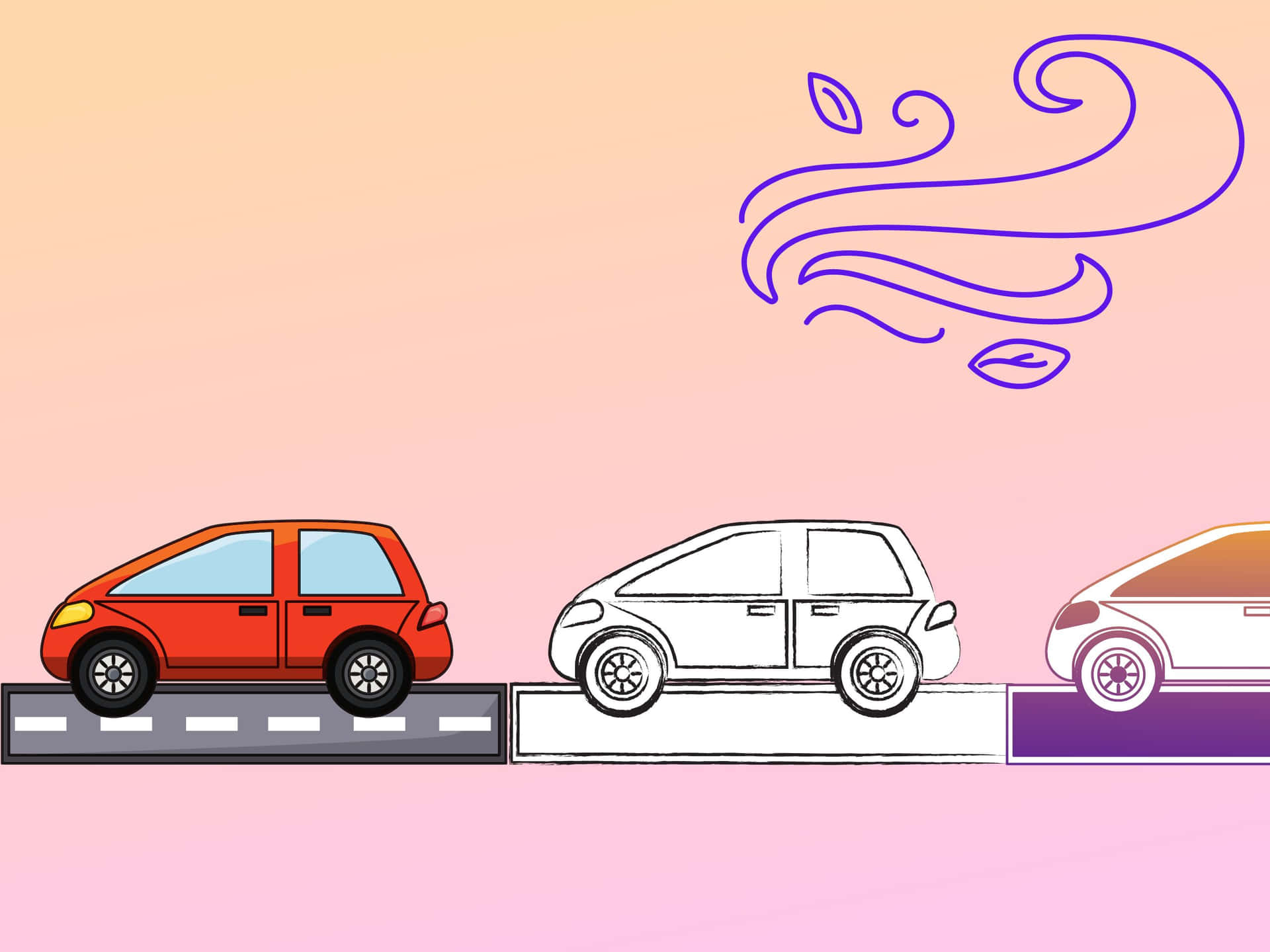 三輛卡通汽車在道路上，上方有紫色風漩渦。
