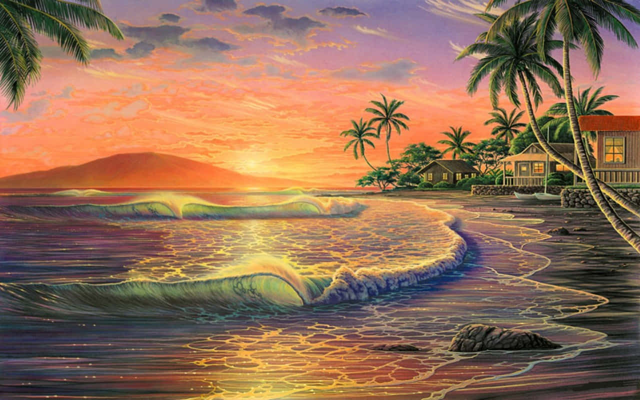夏威夷夕陽手繪風景 壁紙 — 充滿活力的熱帶日落將海洋染成火紅的色調，海浪拍打著沙灘，沙灘上排列著棕櫚樹和一間舒適的海灘小屋。