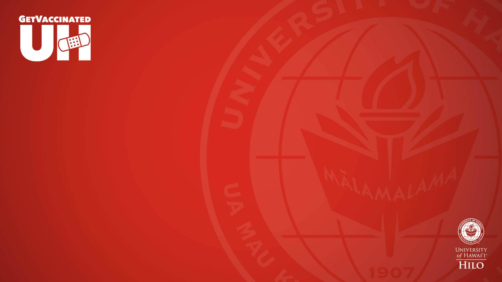 紅色背景上的夏威夷大學希洛分校徽章和疫苗接種活動標誌。