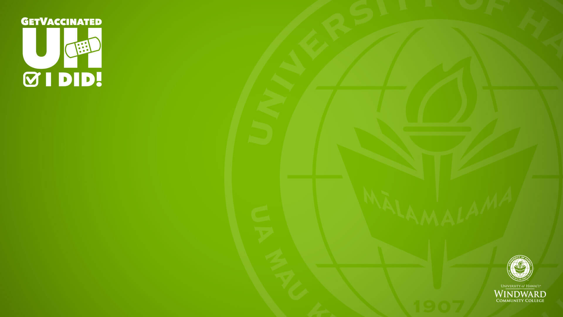 綠色背景上的夏威夷大學疫苗接種活動圖案。