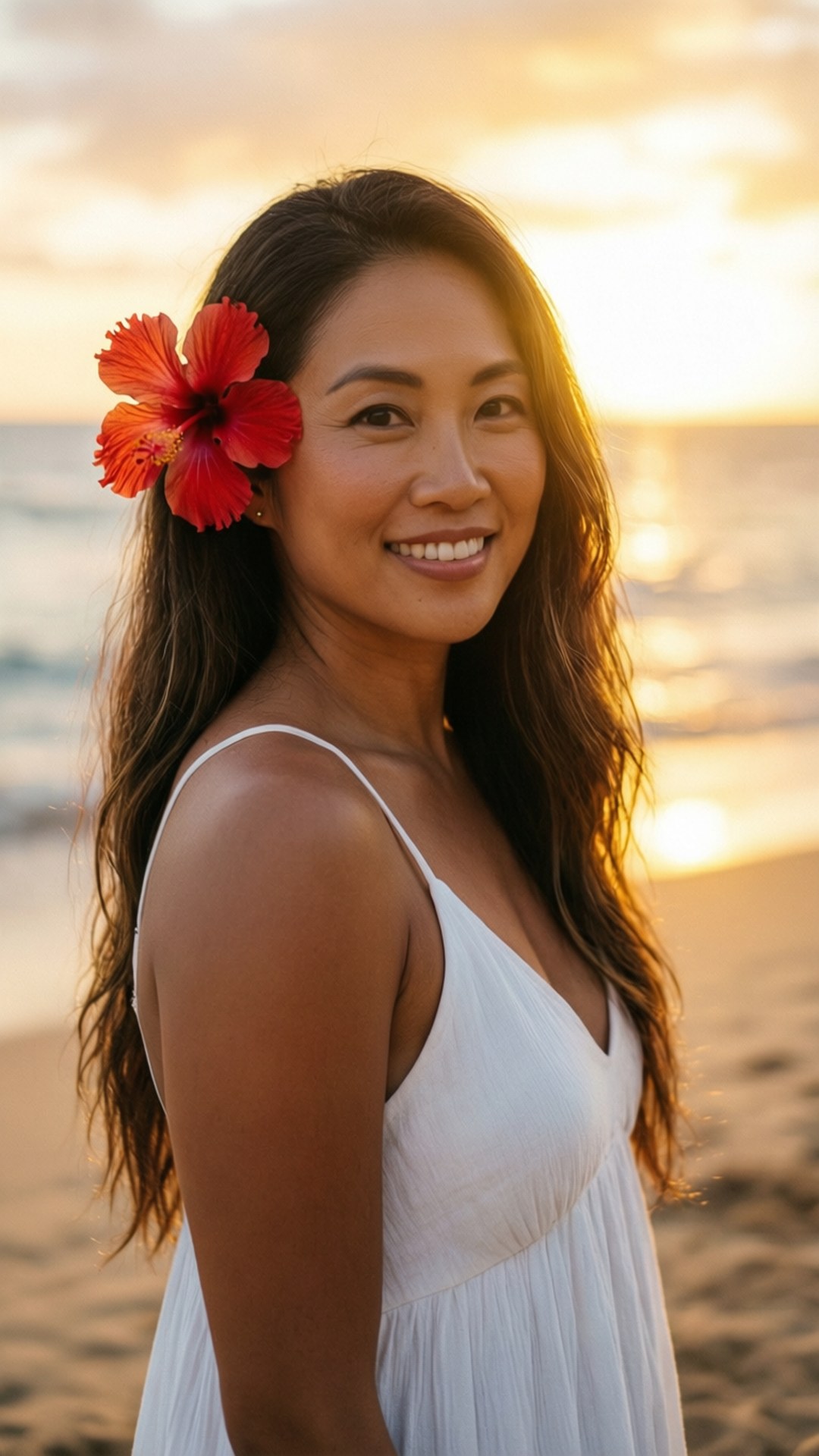 女子頭髮上插著紅色木槿花在沙灘上微笑於夕陽下